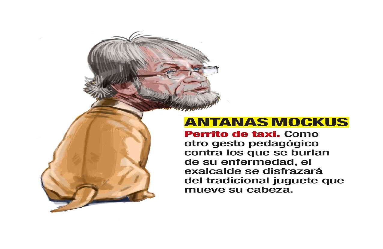 Antanas Mockus, Perrito de taxi. Como otro gesto pedagógico contra los que se burlan de su enfermedad, el exalcalde se disfrazará del tradicional juguete que mueve su cabeza. Caricatura: Jorge Restrepo