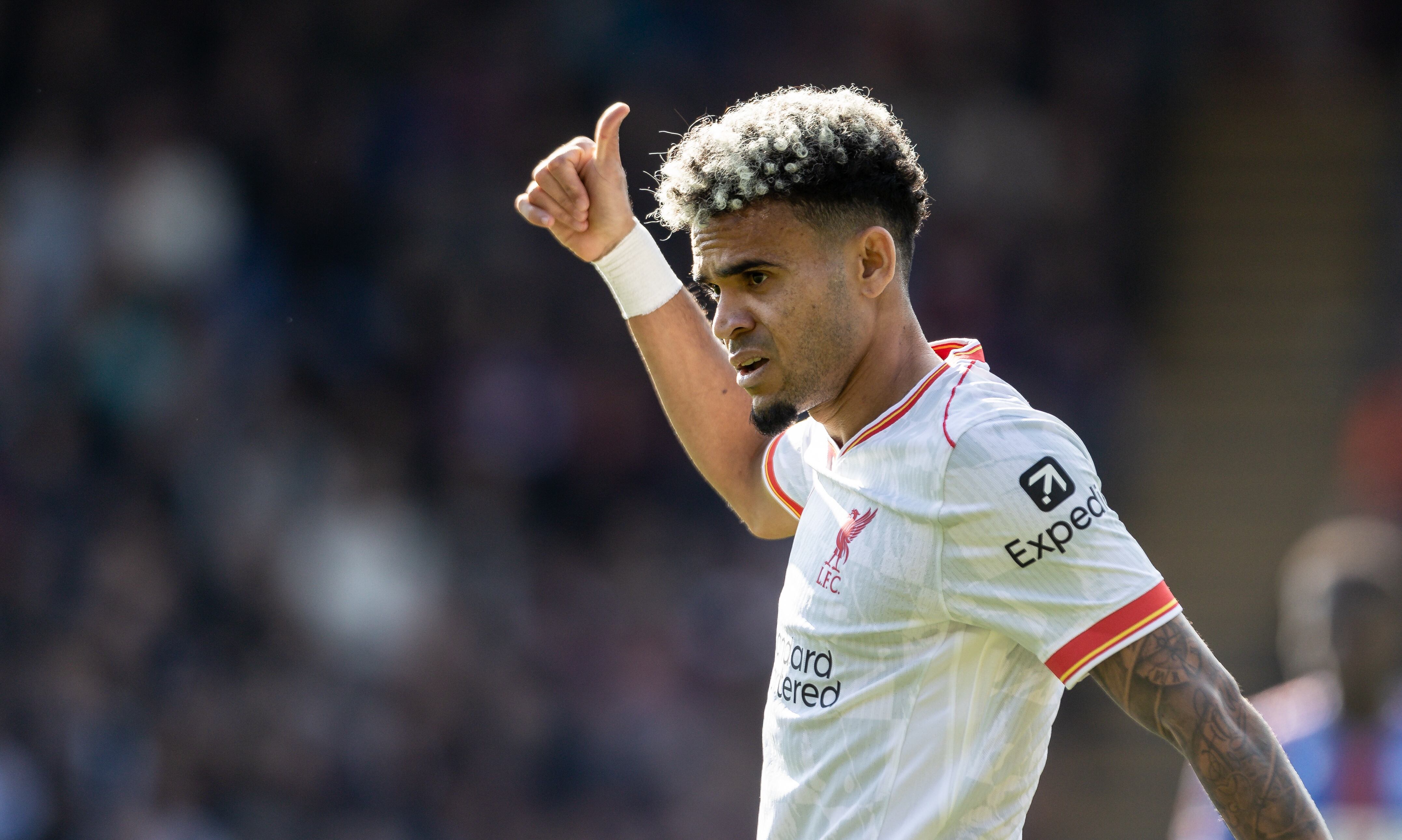 LONDON, ENGLAND - OCTOBER 05: Liverpool's Luis Diaz gestures during the Premier League match between Crystal Palace FC and Liverpool FC at Selhurst Park on October 05, 2024 in London, England. (Photo by Andrew Kearns - CameraSport via Getty Images)