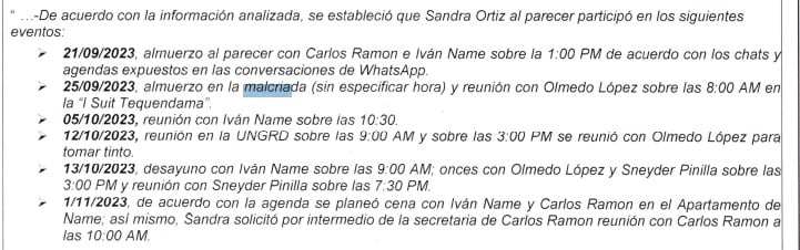 Estas son las reuniones a las que, según la investigación de la Fiscalía, habría asistido la exconsejera Sandra Ortiz.