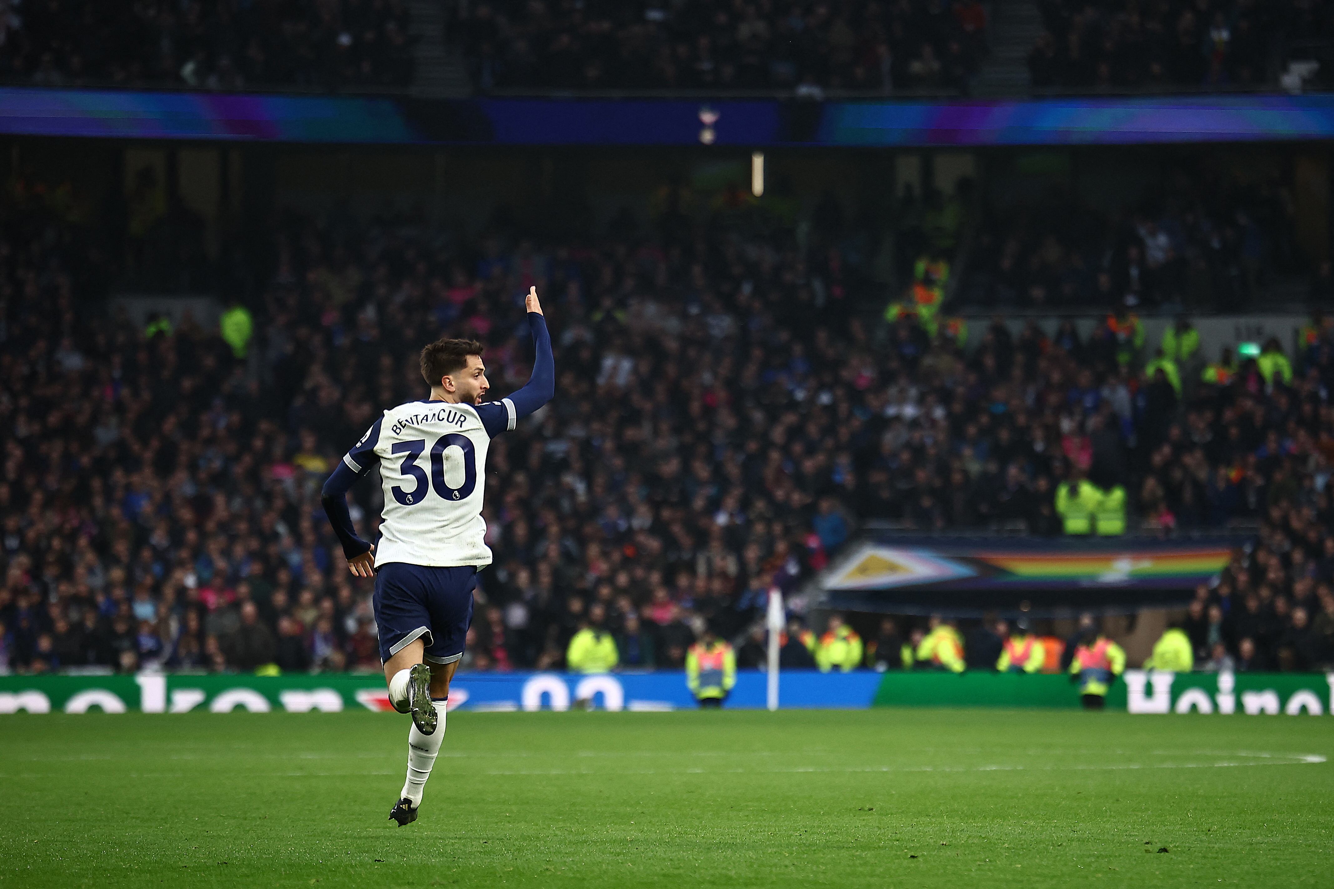 Tottenham Hotspur's Uruguayan midfielder #30 Rodrigo Bentancur celebrates after scoring a goal during the English Premier League football match between Tottenham Hotspur and Ipswich Town at the Tottenham Hotspur Stadium in London, on November 10, 2024. (Photo by HENRY NICHOLLS / AFP) / RESTRICTED TO EDITORIAL USE. No use with unauthorized audio, video, data, fixture lists, club/league logos or 'live' services. Online in-match use limited to 120 images. An additional 40 images may be used in extra time. No video emulation. Social media in-match use limited to 120 images. An additional 40 images may be used in extra time. No use in betting publications, games or single club/league/player publications. /