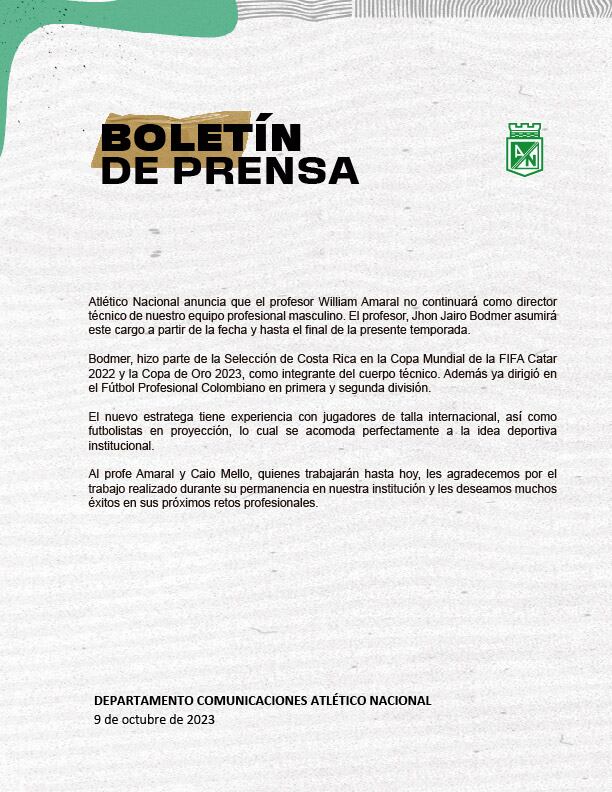 Comunicado acerca de la llegada de John Jairo Bodmer al primer equipo