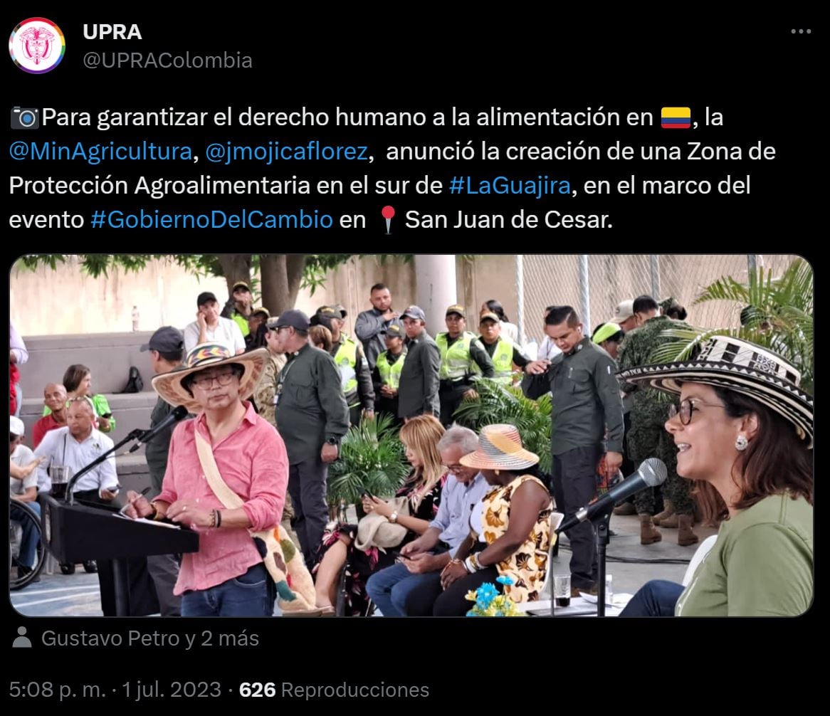 Declaratoria del primer núcleo de reforma agraria y la primera zona de protección para producir alimentos en el país, en La Guajira.
