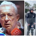 Álvaro Uribe y manifestantes intentando convencer a la guardia venezolana.