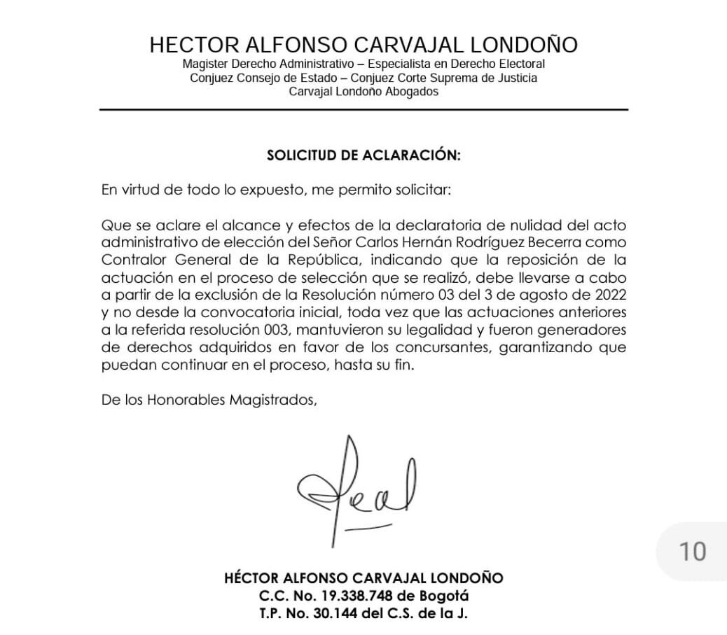 A través de su abogado Héctor Carvajal, el destituido contralor Carlos Hernán Rodríguez solicita a al Consejo de Estado permitir su participación como candidato.