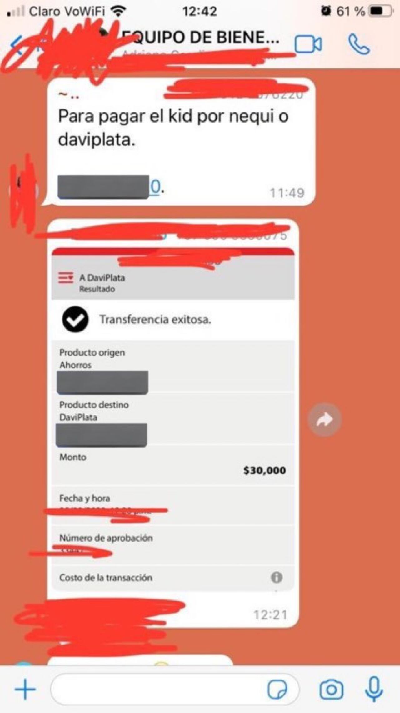 Captura de pantalla del chat que confirma la denuncia de Daniel Briceño