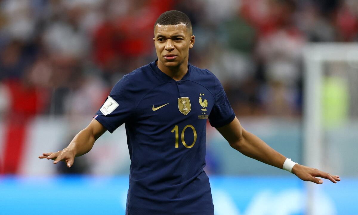 Soccer Football - FIFA World Cup Qatar 2022 - Quarter Final - England v France - Al Bayt Stadium, Al Khor, Qatar - December 10, 2022 France's Kylian Mbappe reacts REUTERS/Matthew Childs