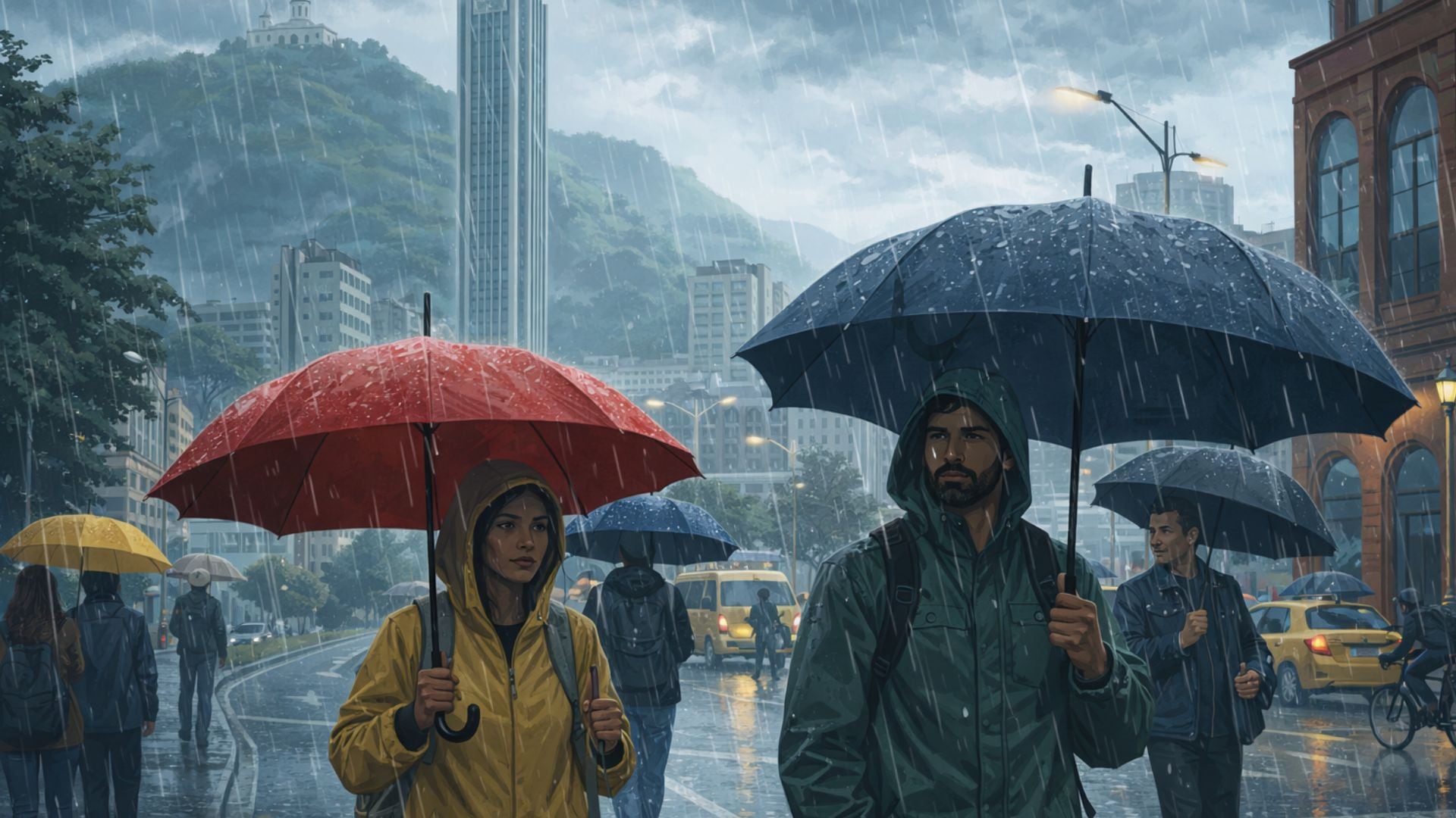 Personas caminan con paraguas bajo la lluvia en Bogotá, en una jornada marcada por cielo nublado y precipitaciones intermitentes, según el pronóstico del Ideam.