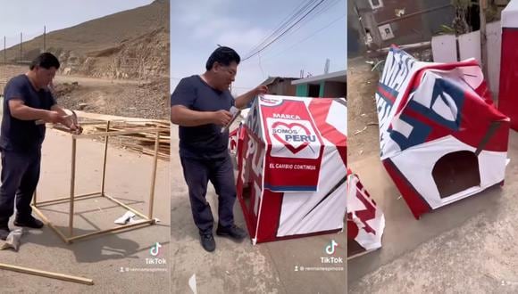 Rennán Espinoza Rosales, alcalde electo de Puente Piedra (Lima), utilizó el material electoral de su campaña para construir casas para perros de la calle.