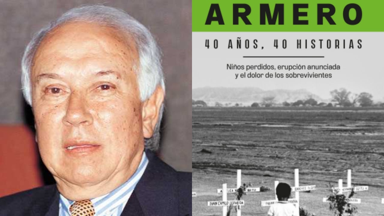 Iván Duque Escobar, papá del expresidente Iván Duque y ministro de Minas para la época, y el libro de la tragedia de Armero.