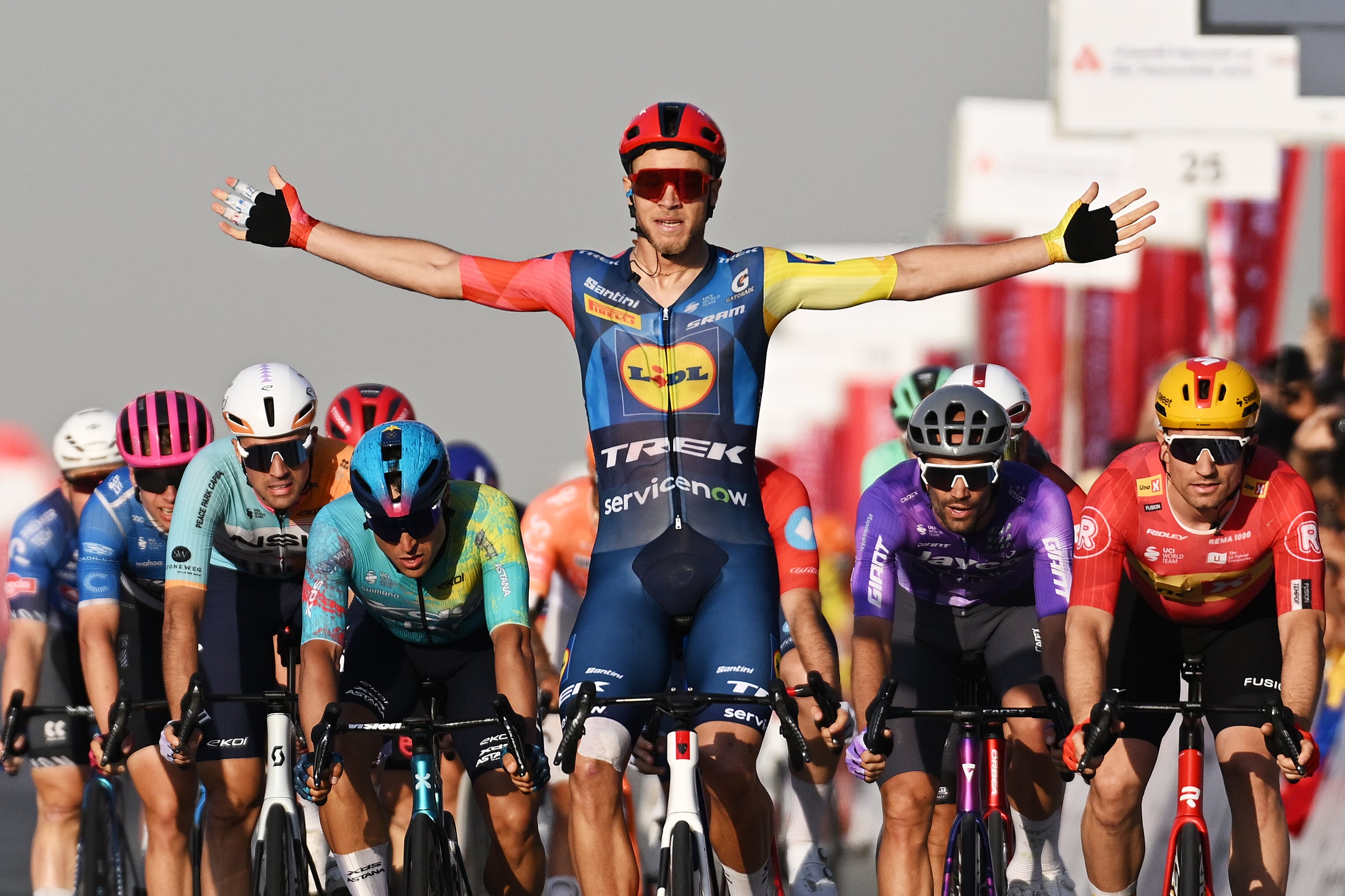 DUBAI, UNITED ARAB EMIRATES - FEBRUARY 20: Jonathan Milan of Italy and Team Lidl - Trek celebrates at finish line as stage winner ahead of Erlend Blikra of Norway and Team Uno-X Mobility, Matteo Malucelli of Italy and Team XDS Astana and Luka Mezgec of Slovenia and Team Jayco AlUla during the 8th UAE Tour 2026, Stage 5 a 168km stage from Dubai Al Mamzar Park to Hamdan Bin Mohammed Smart University / #UCIWT / on February 20, 2026 in Dubai, United Arab Emirates. (Photo by Tim de Waele/Getty Images)