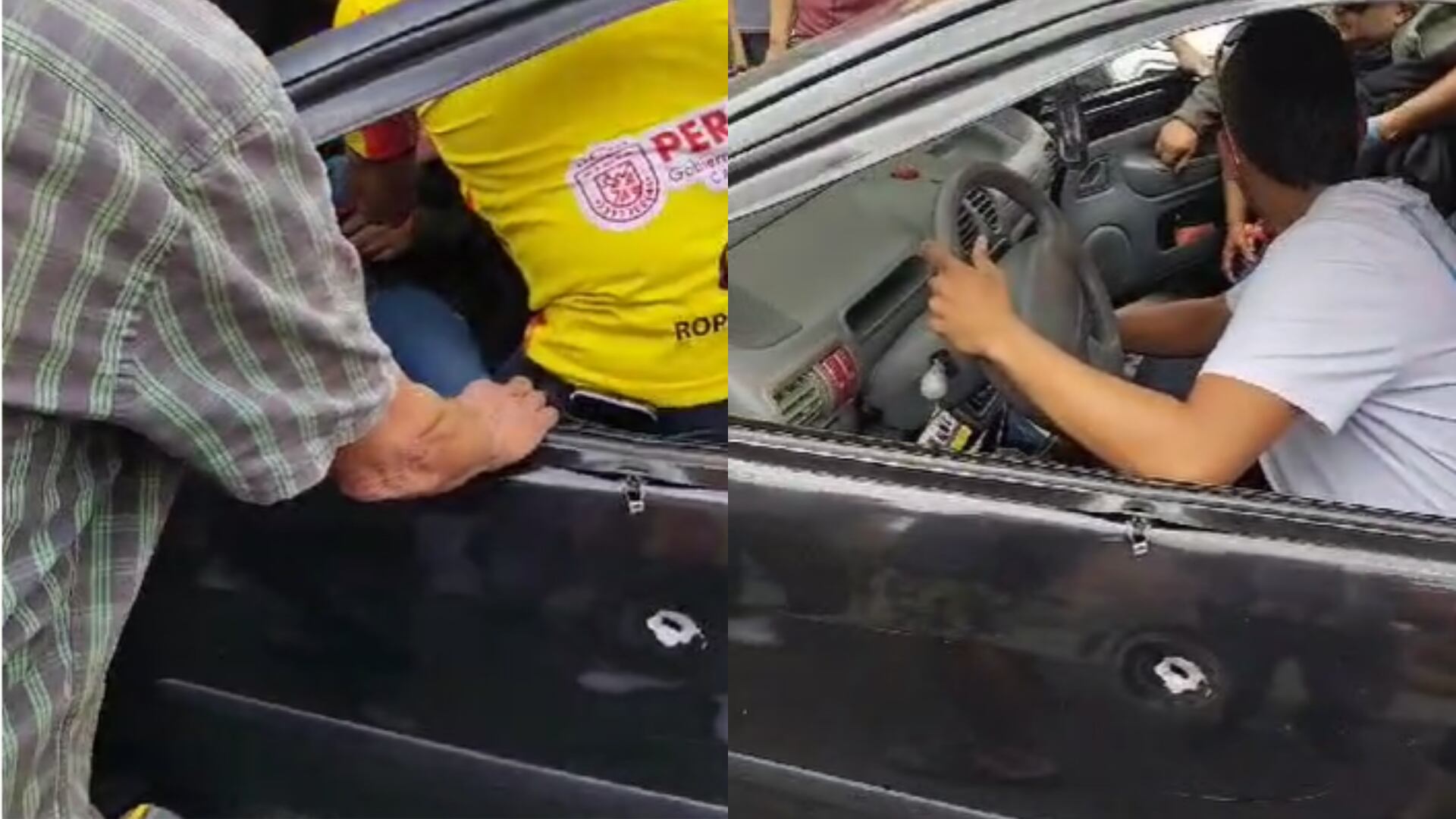 Momento en el que la comunidad socorre al militar. En la pantalla se ve el impacto de bala que recibió el automotor.