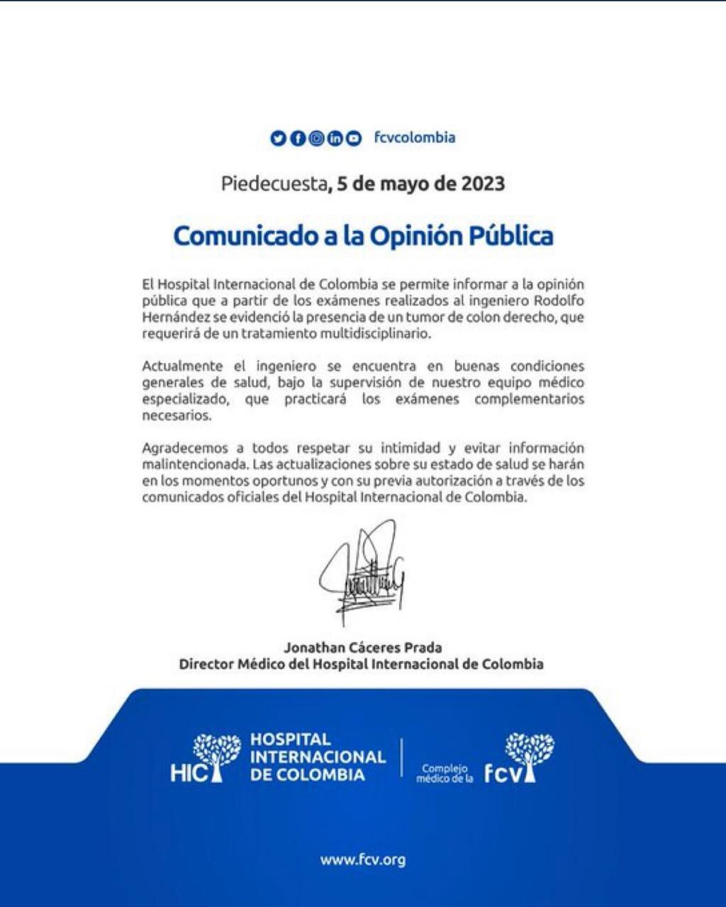 Este es el parte médico de Rodolfo Hernández.