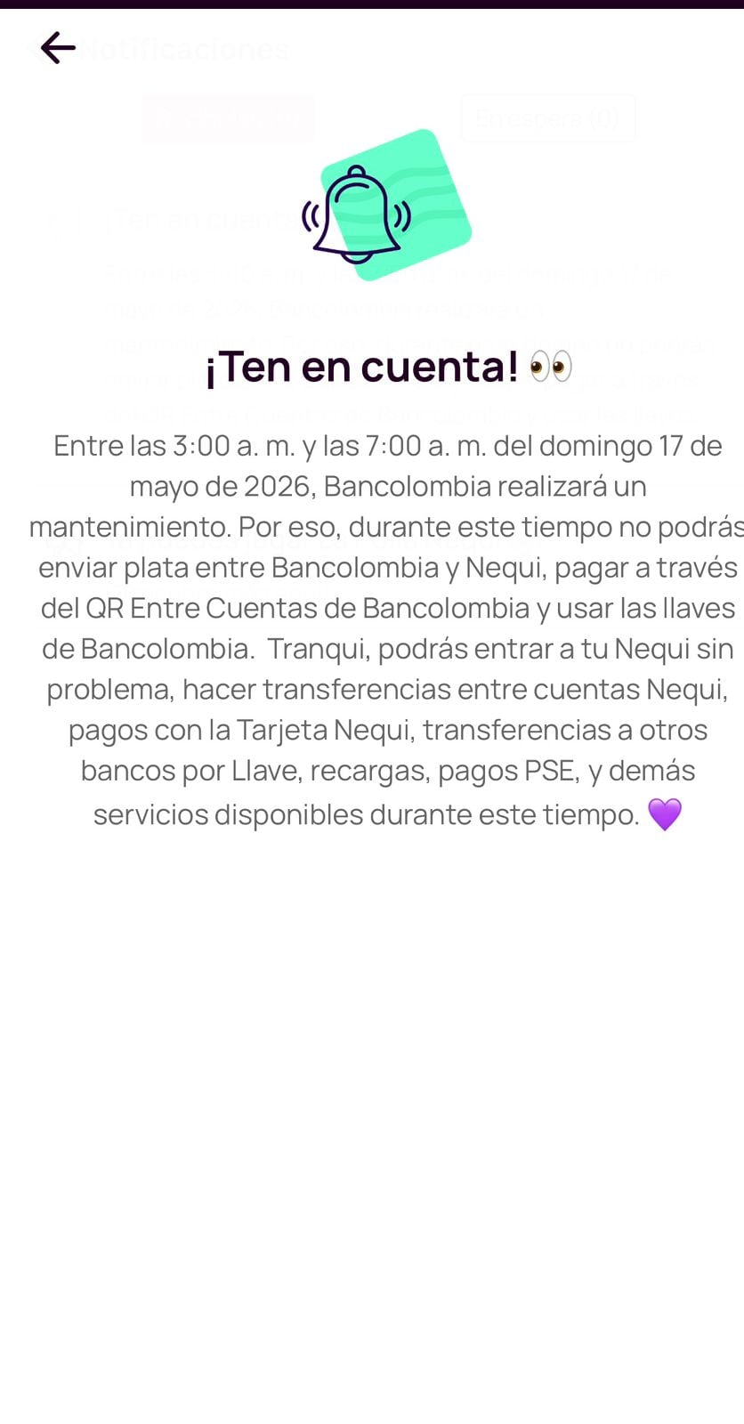 Nequi anuncia mantenimientos de algunos servicios