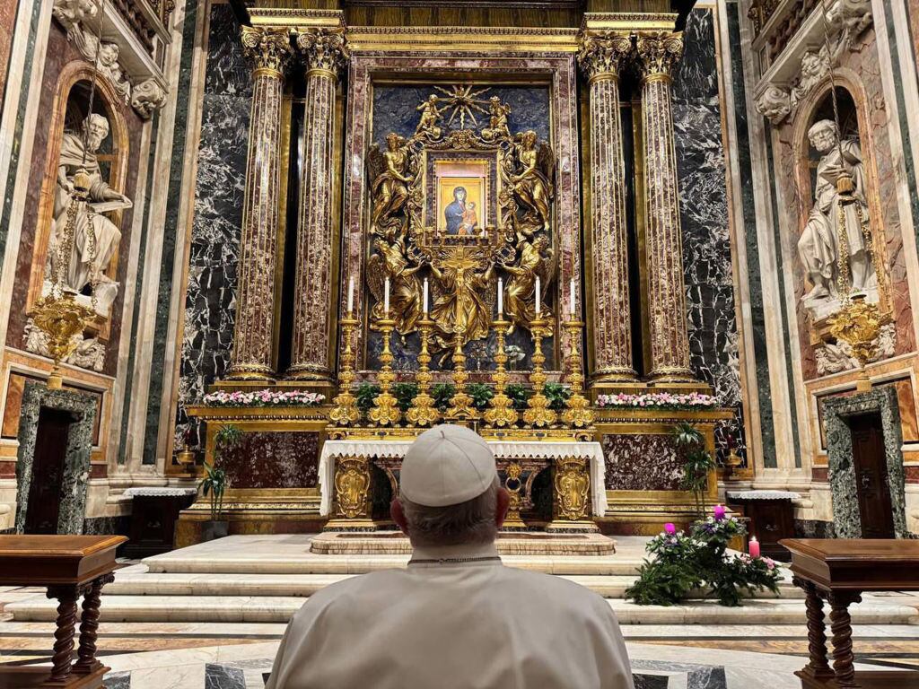Pope Francis prays in front of the icon of the Madonna Salus Populi Romani in the Basilica of Santa Maria Maggiore before leaving for Corsica. Rome (Italy), December 14th, 2024 (Photo by Vatican Media/Pool/GG/Mondadori Portfolio via Getty Images)