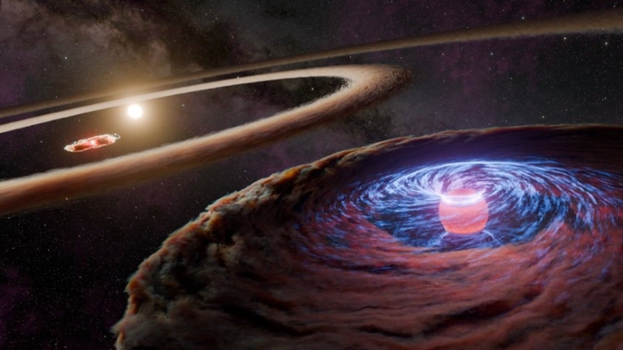 Este concepto artístico representa al protoplaneta WISPIT 2b acumulando materia mientras orbita alrededor de su estrella, WISPIT 2.