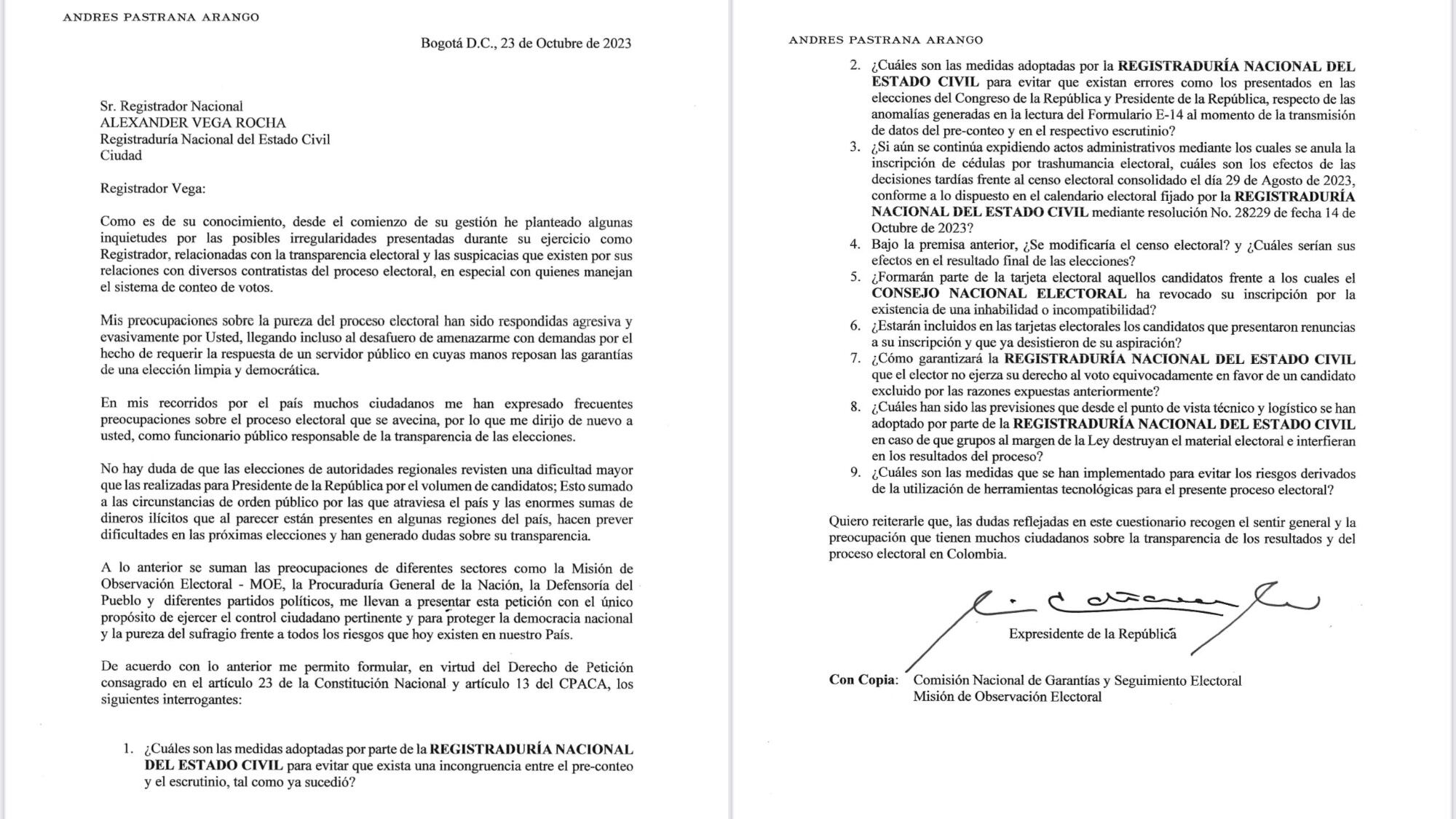 Carta de Andrés Pastrana al registrador Alexander Vega.