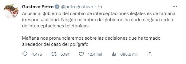 Trino de Gustavo Petro sobre el escándalo de chuzadas.