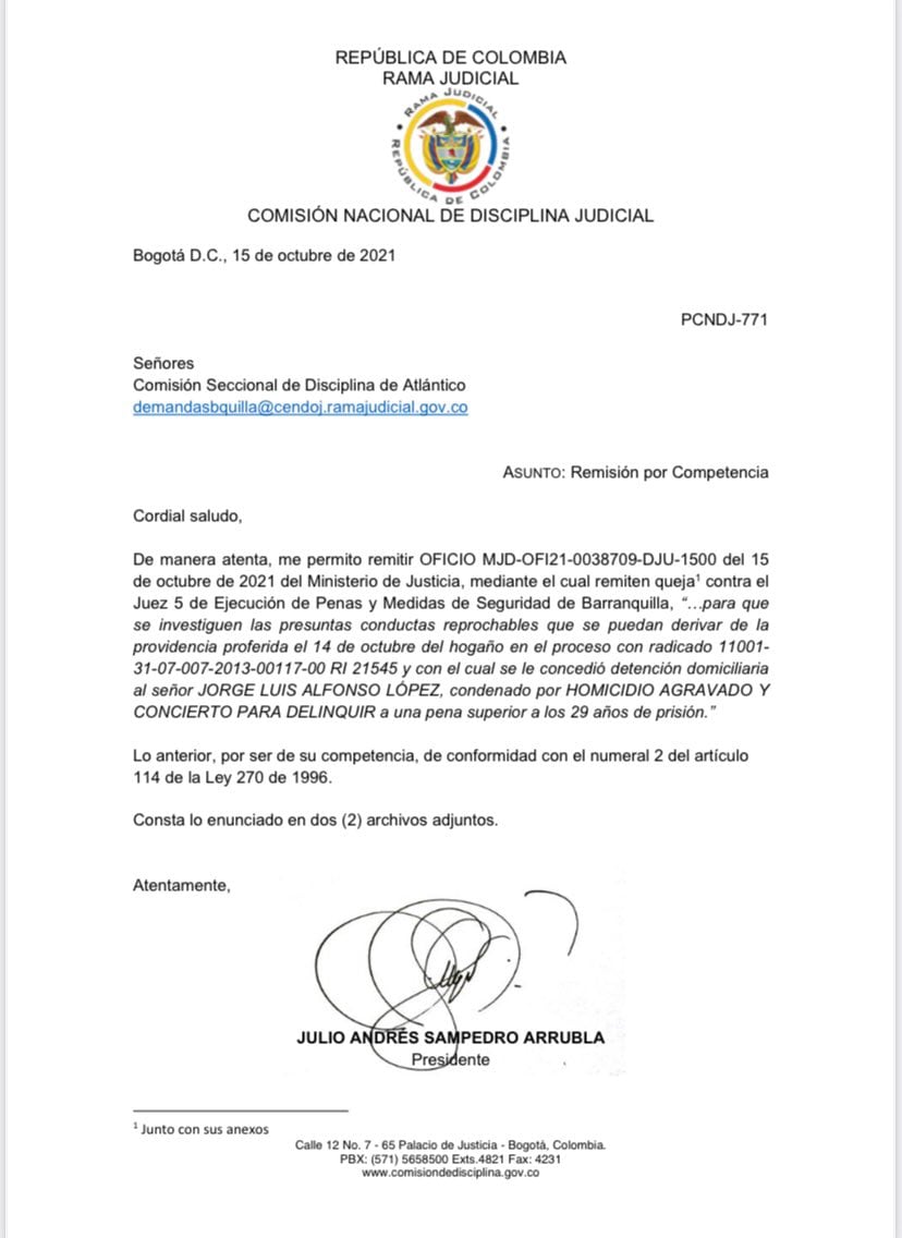 El Ministerio de Justicia ya había pedido investigar al juez quinto de ejecución de penas de Barranquilla.