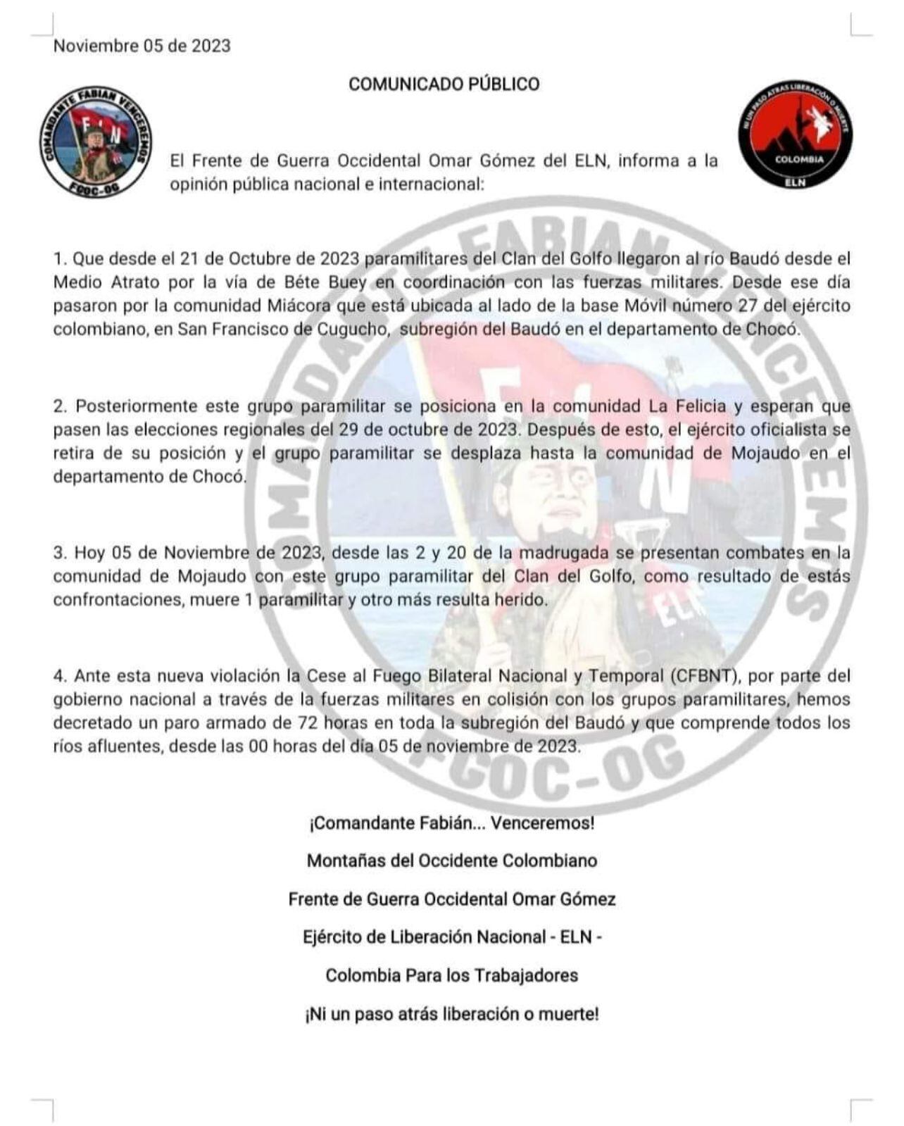 El ELN decretó un paro armado de 72 horas en el Alto Baudó, Chocó.