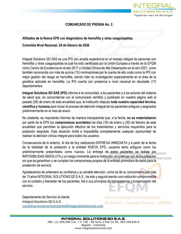 Comunicado oficial de IPS Integral Solutions para pacientes con hemofilia.