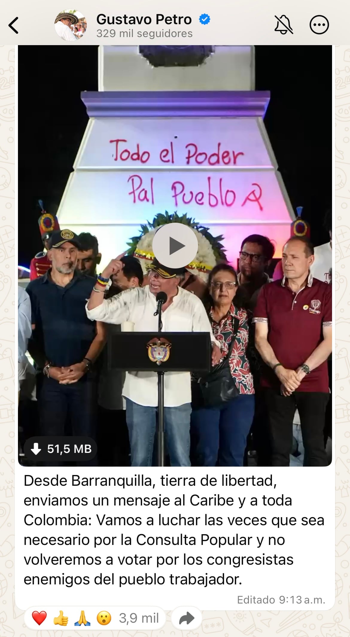 Mensaje presidente Gustavo Petro en su canal de WhatsApp