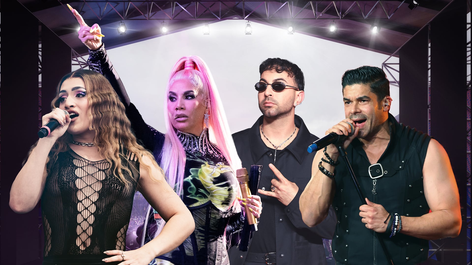 De izquierda a derecha: la rapera Villano Antillano; los cantantes de reggaeton Ivy Queen y Justin Quiles, y el salsero Jerry Rivera. Todos forman parte del line up del Festival Ondas.