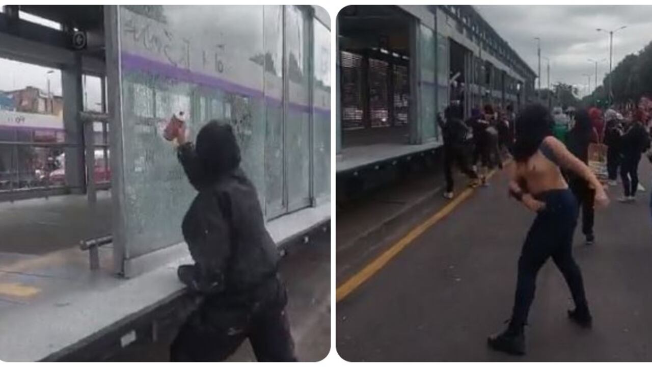 Mujeres feministas vandalizaron estación de TransMilenio en Bogotá en medio de protestas.