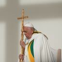 FILE - Pope Francis holds the pastoral staff as he presides over the Sunday mass at King Baudouin Stadium, in Brussels Sunday, Sept. 29, 2024. (AP Photo/Andrew Medichini)
