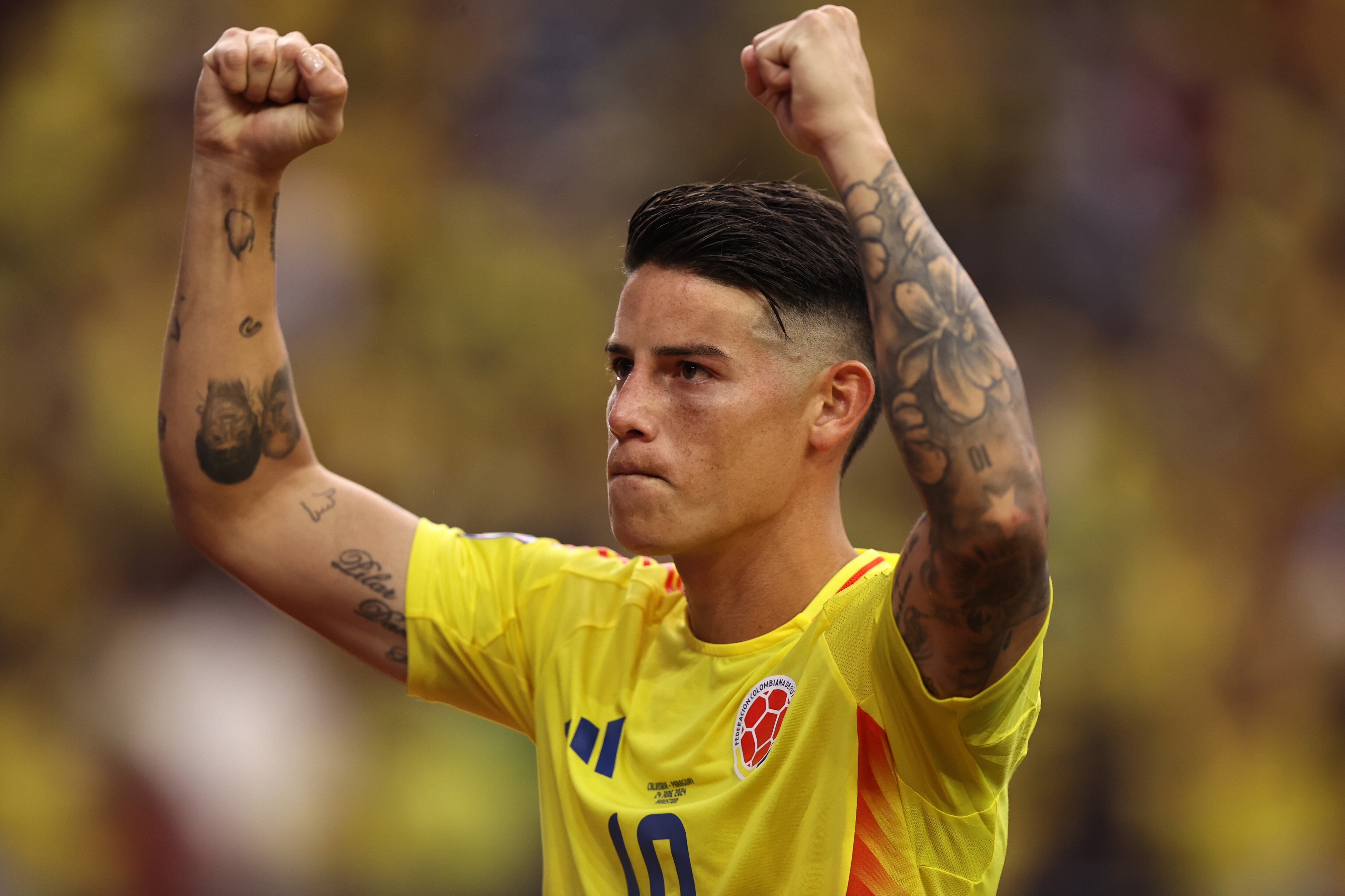 HOUSTON, TEXAS - JUNE 24: James Rodriguez of Colombia celebrates after winning the CONMEBOL Copa America 2024 Group D match between Colombia and Paraguay at NRG Stadium on June 24, 2024 in Houston, Texas. (Photo by Omar Vega/Getty Images)