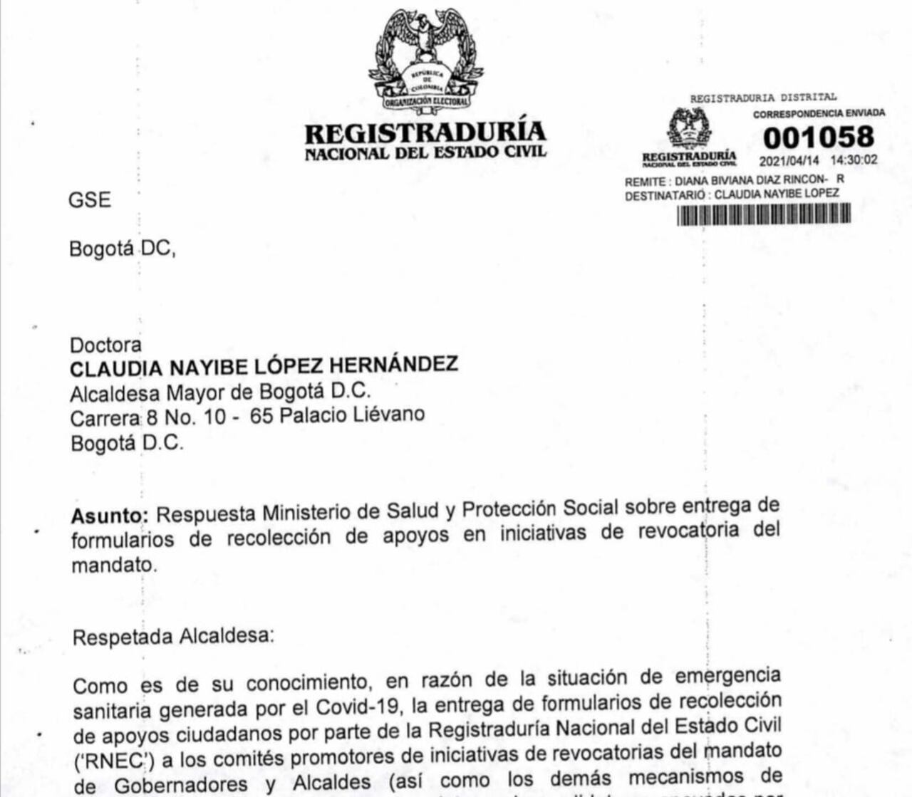 Este es el oficio que envió la Registraduría a los alcaldes para el reinicio de las revocatorias.