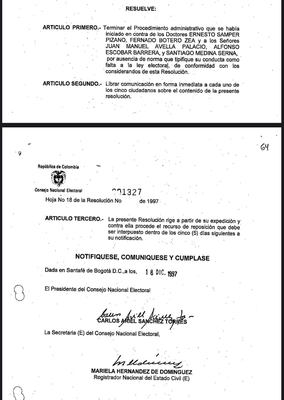 El fallo del CNE que, en su momento, favoreció a Ernesto Samper.