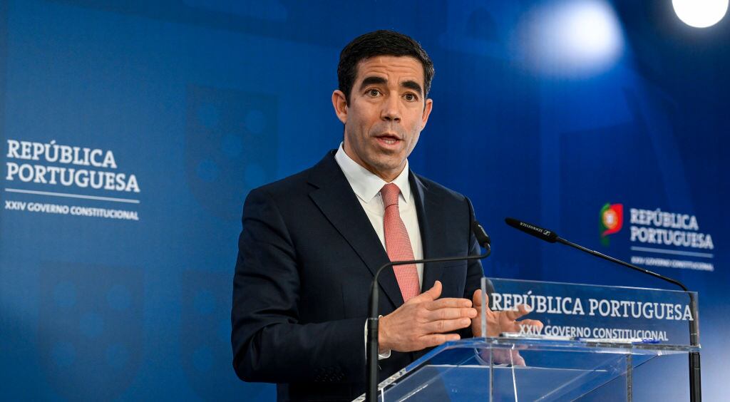 LISBON, PORTUGAL - MARCH 10: Portuguese Minister of the Presidency António Leitão Amaro gestures while answering questions about the possible anticipated elections during his brief to the press on governmental resolutions at the end of the Council of Ministers meeting at Sao Bento PM official residency on March 10, 2025, in Lisbon, Portugal. Portuguese Prime Minister Luis Montenegro's government is facing a political crisis, and the PM has requested a vote of confidence that will be debated at the Portuguese Parliament on March 11. (Photo by Horacio Villalobos#Corbis/Corbis via Getty Images)