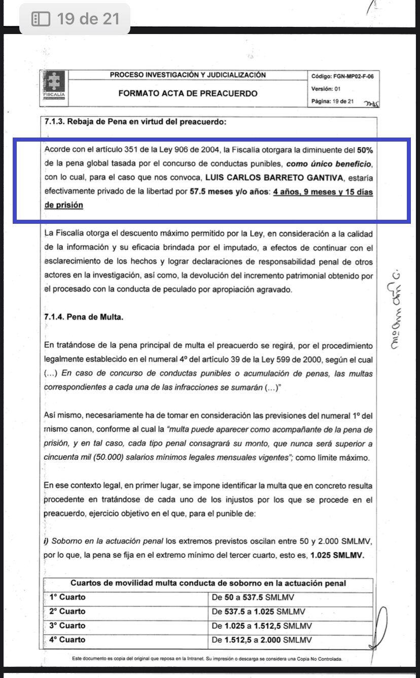 Esta es el acta del preacuerdo del exsubdirector de la UNGRD, Luis Carlos Barreto Gantiva.