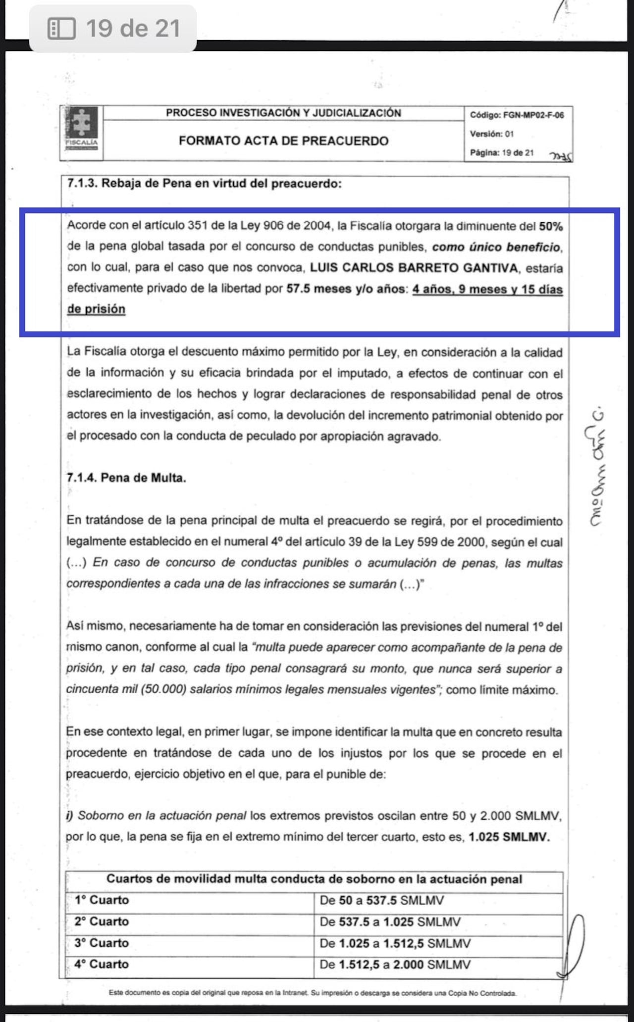 Esta es el acta del preacuerdo del exsubdirector de la UNGRD, Luis Carlos Barreto Gantiva.