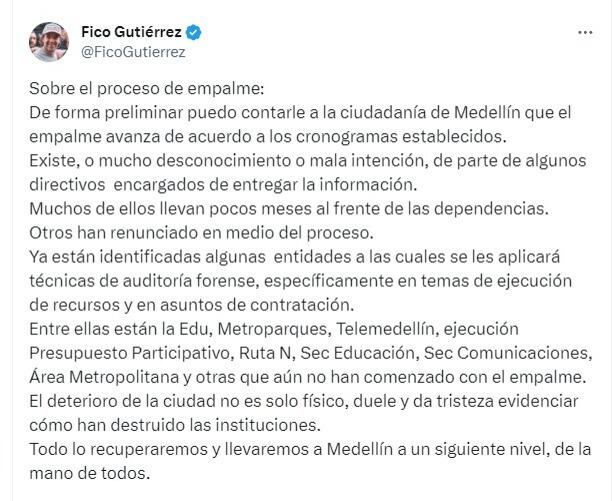 Federico Gutiérrez en su cuenta de X
