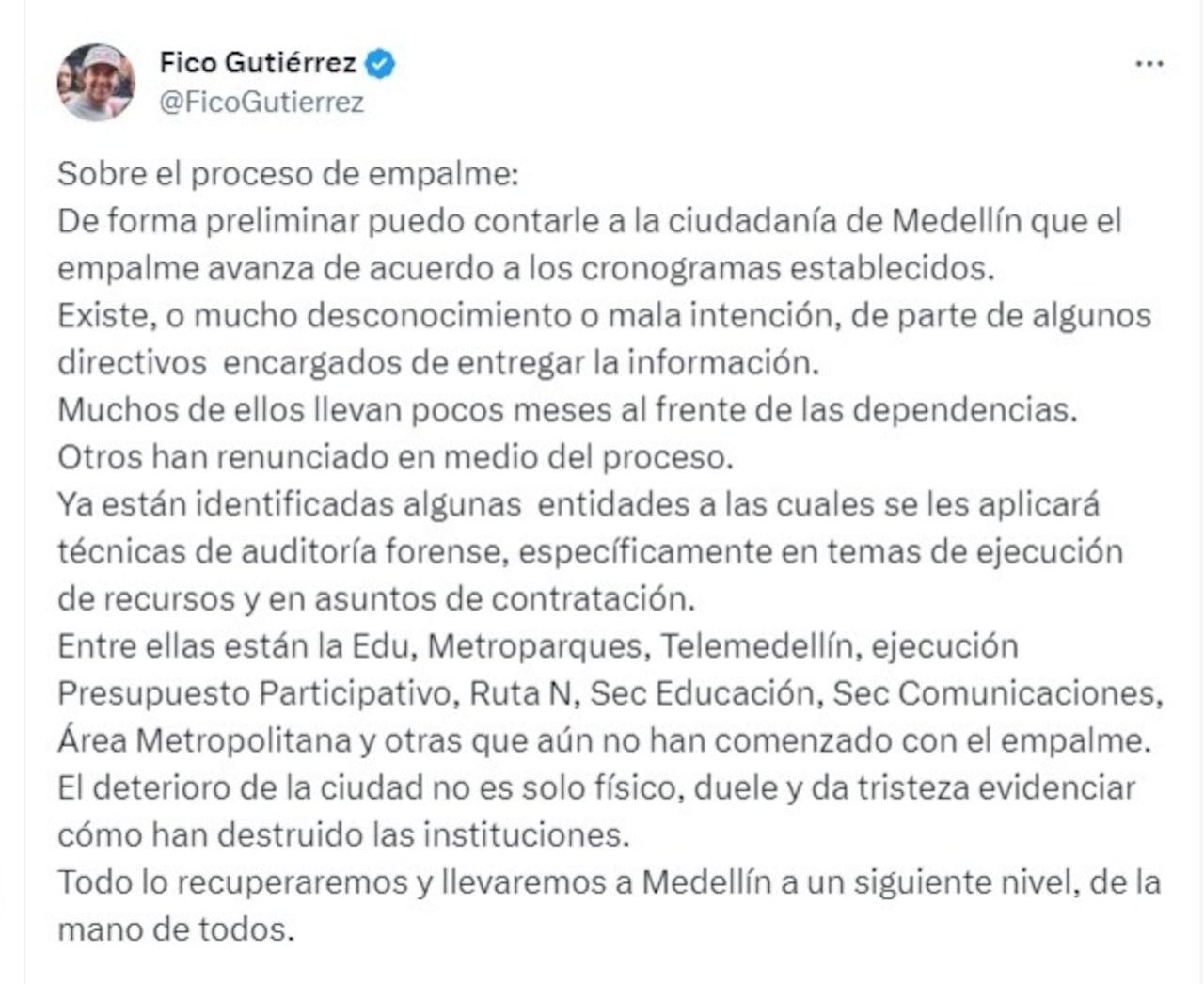 Federico Gutiérrez en su cuenta de X