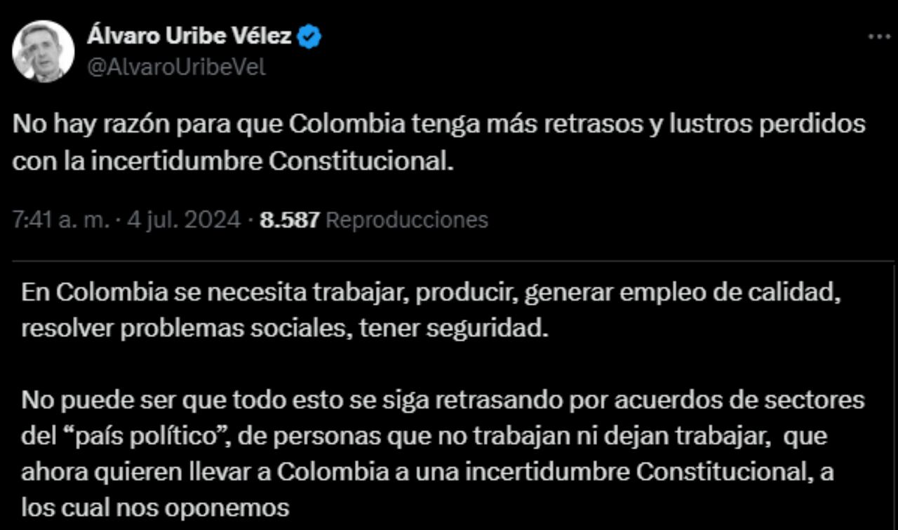Publicaciones del expresidente Álvaro Uribe en X.