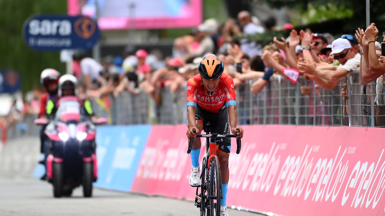 COGNE, ITALY - MAY 22: Santiago Buitrago Sanchez of Colombia and Team Bahrain Victorious crosses the finish line disappointment on second place during the 105th Giro d'Italia 2022, Stage 15 a 177km stage from Rivarolo Canavese to Cogne 1622m / #Giro / #WorldTour / on May 22, 2022 in Cogne, Italy. (Photo by Tim de Waele/Getty Images)