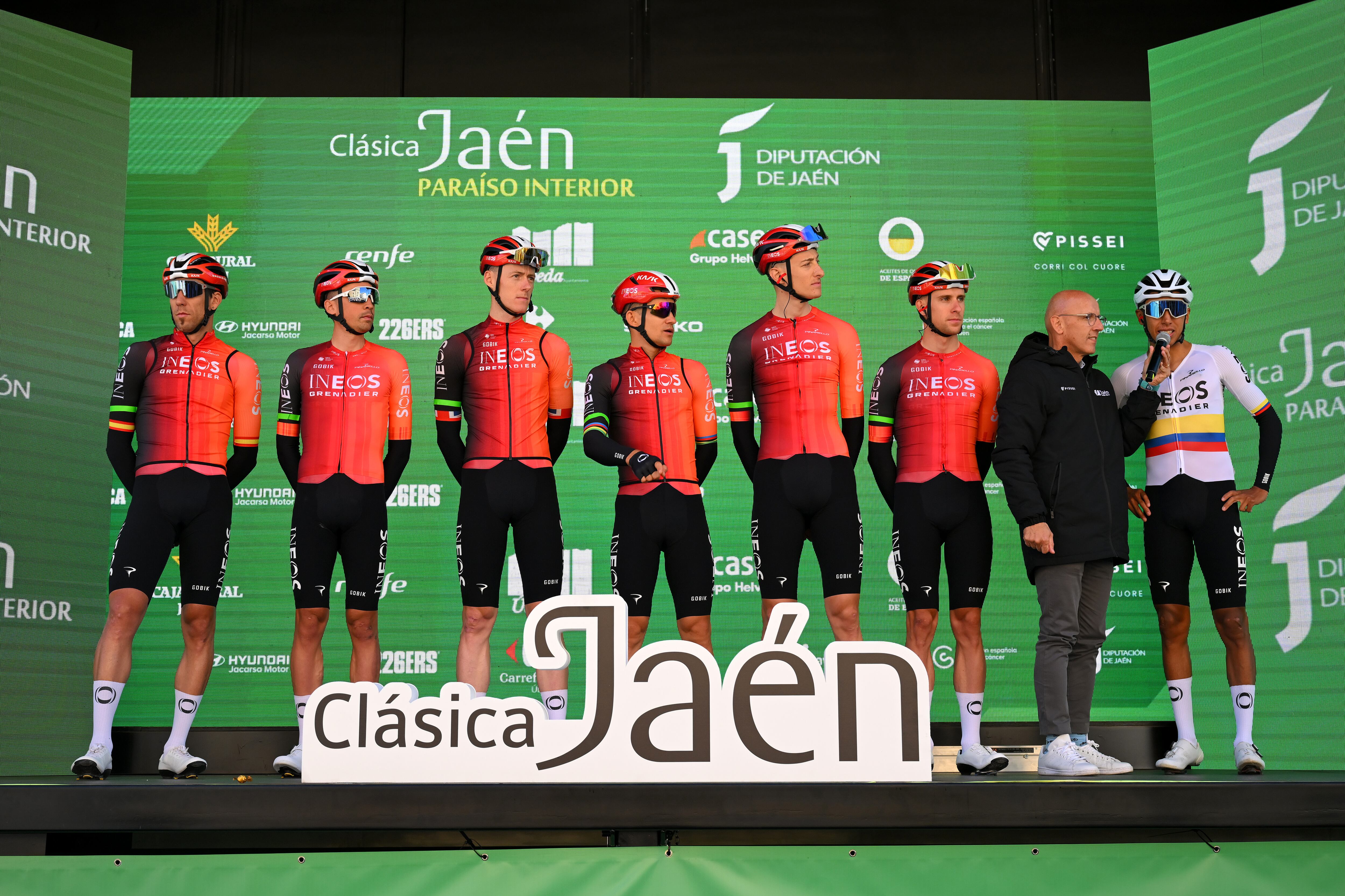 UBEDA, SPAIN - FEBRUARY 17: Egan Bernal of Colombia, Omar Fraile of Spain, Michal Kwiatkowski of Poland, Ben Turner of Great Britain, Axel Laurance of France, Oscar Rodriguez of Spain, Connor Swift of Great Britain and Team INEOS Grenadiers prior to the 4th Clasica Jaen Paraiso Interior 2025 a 169.2km one day race from Ubeda to Ubeda on February 17, 2025 in Ubeda, Spain. (Photo by Tim de Waele/Getty Images)