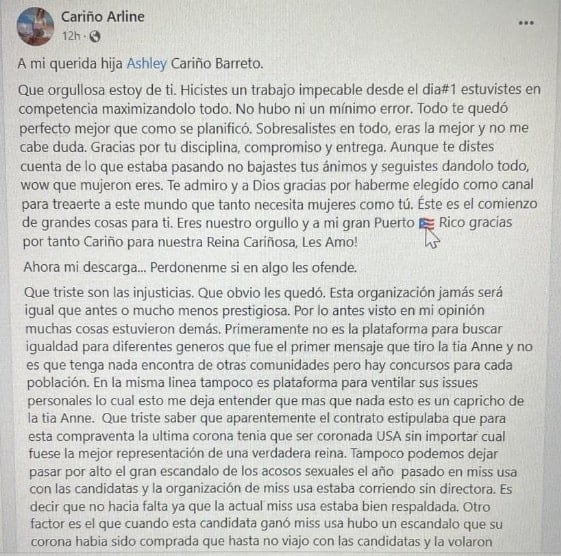 Publicación de la madre de Miss Puerto Rico