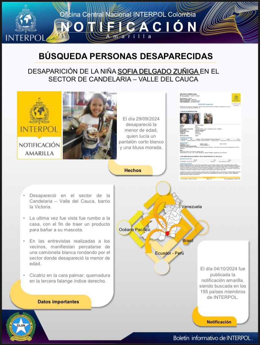 La Interpol emitió circular amarilla para ubicar a Sofía Delgado.