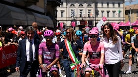 VOGHERA, ITALY - MAY 24: (L-R) Jhonatan Narvaez of Ecuador and UAE Team Emirates - XRG - Purple Points Jersey and Jonas Vingegaard of Denmark and Team Visma | Lease a Bike - Pink Leader Jersey prior to the 109th Giro d'Italia 2026, Stage 15 a 157km stage from Voghera to Milan / #UCIWT / on May 24, 2026 in Voghera, Italy. (Photo by Dario Belingheri/Getty Images)