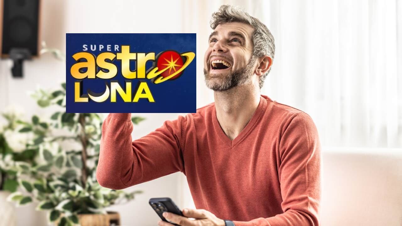 Montaje / Persona celebra por ganar la lotería / Logo Super Astro Luna
