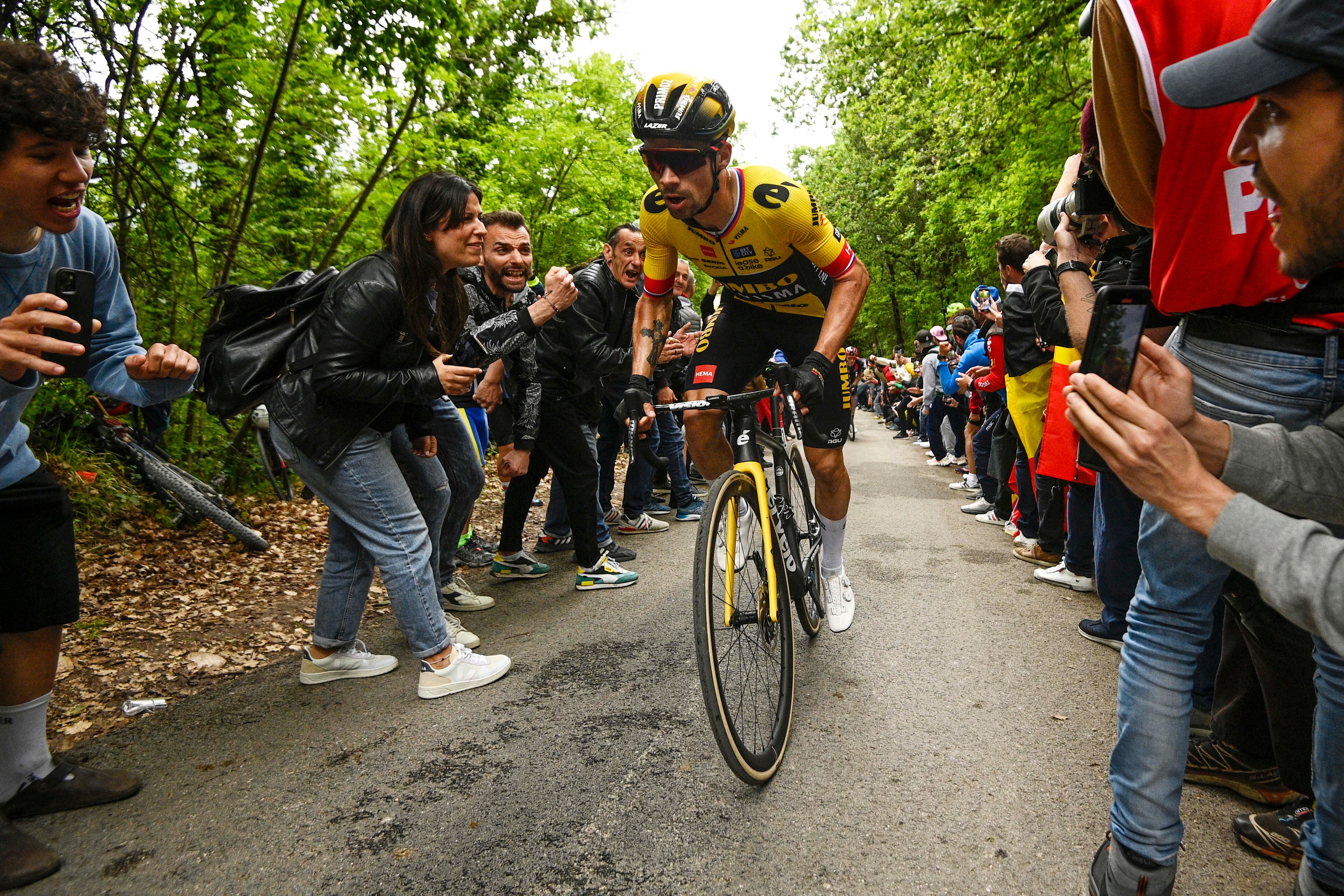 Slovenia's Primoz Roglic competes during the eight stage of the Giro D'Italia, tour of Italy cycling race, from Terni to Fossombrone, Saturday, May 13, 2023. (Fabio Ferrari/LaPresse via AP)