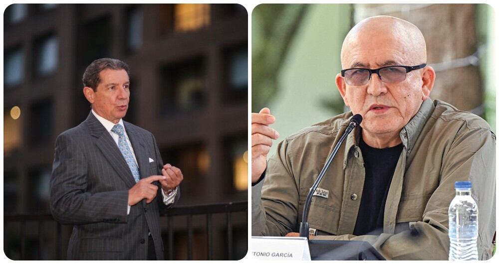 José Félix Lafaurie, negociador del Gobierno para los diálogos con el ELN, y el comandante de ese grupo criminal, Antonio García.