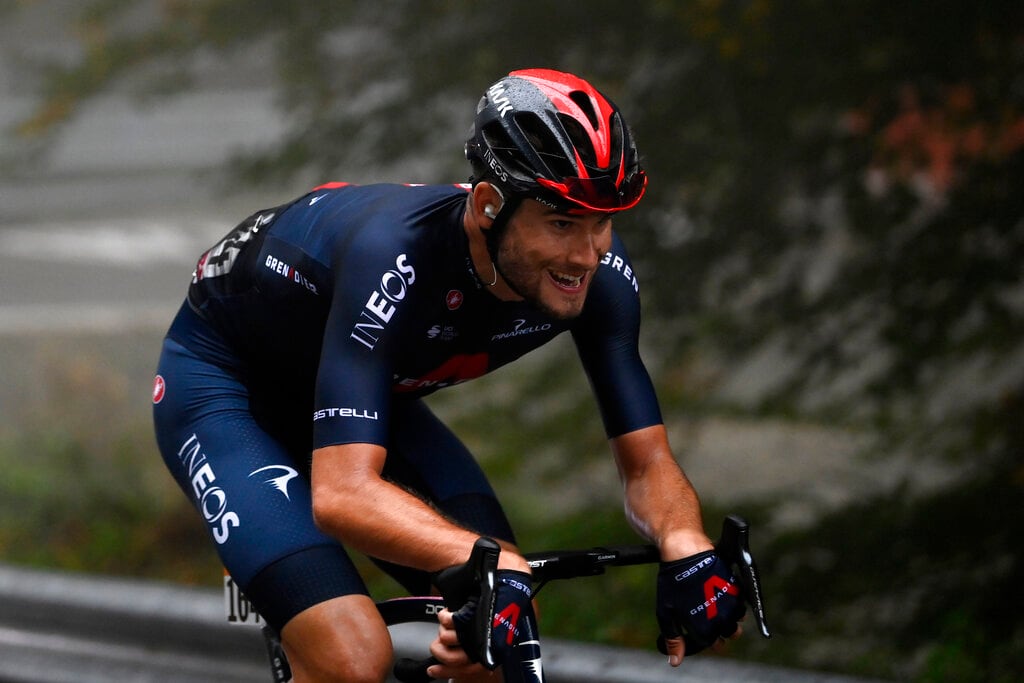 Filippo Ganna pedals on his way to winning the fifth stage of the Giro D'Italia, tour of Italy cycling race, from Mileto to Camigliatello Silano, Italy, Wednesday, Oct. 7, 2020. (Fabio Ferrari/LaPresse via AP)