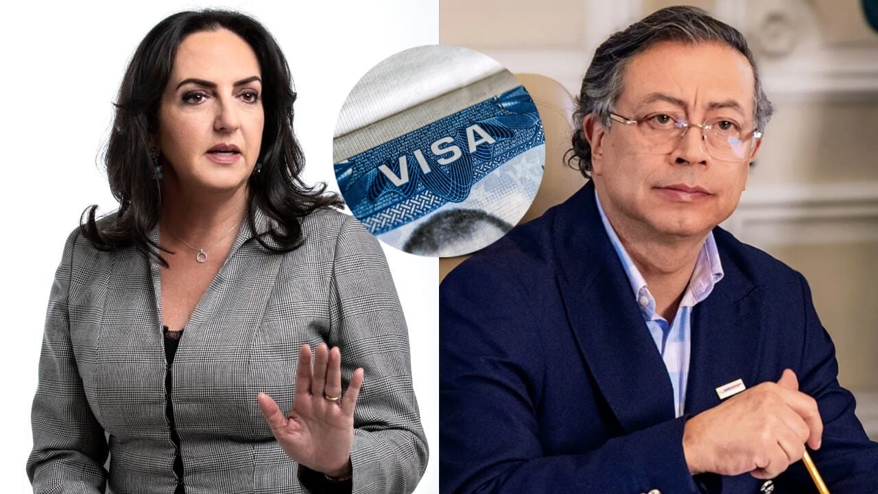 La exsenadora María Fernanda Cabal, el expresidente Gustavo Petro y una imagen de referencia de una visa.