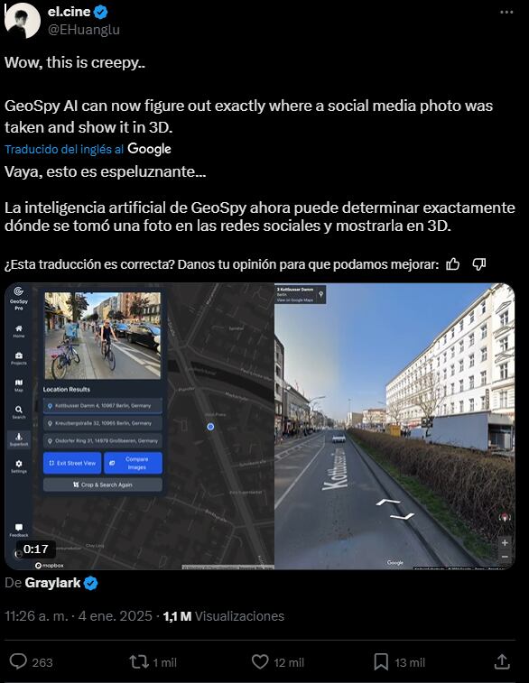 "Esto es espeluznante", comentó un usuario en X, destacando la nueva capacidad de la IA de GeoSpy para determinar la ubicación exacta de una foto en redes sociales y visualizarla en 3D.