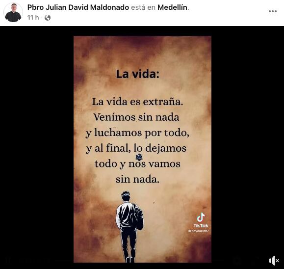 La publicación en Facebook del sacerdote Julián David Maldonado Montoya.