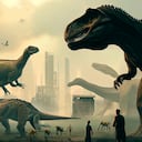 Ilustración creada con IA de dinosaurios en el mundo moderno